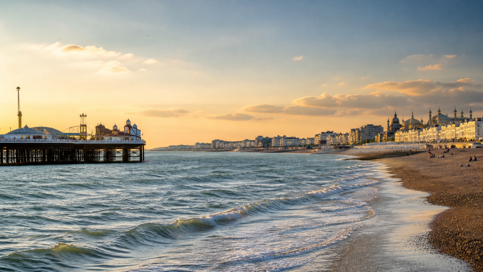 Brighton seafront beside the sea at sunset