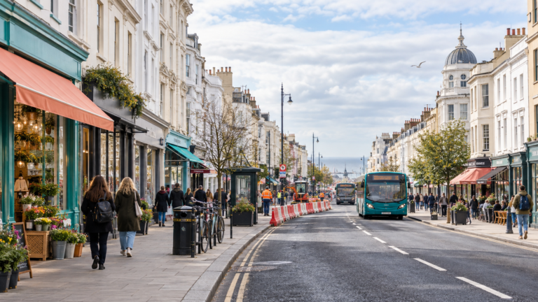 Western Road in Brighton with local buses and planned road improvements
