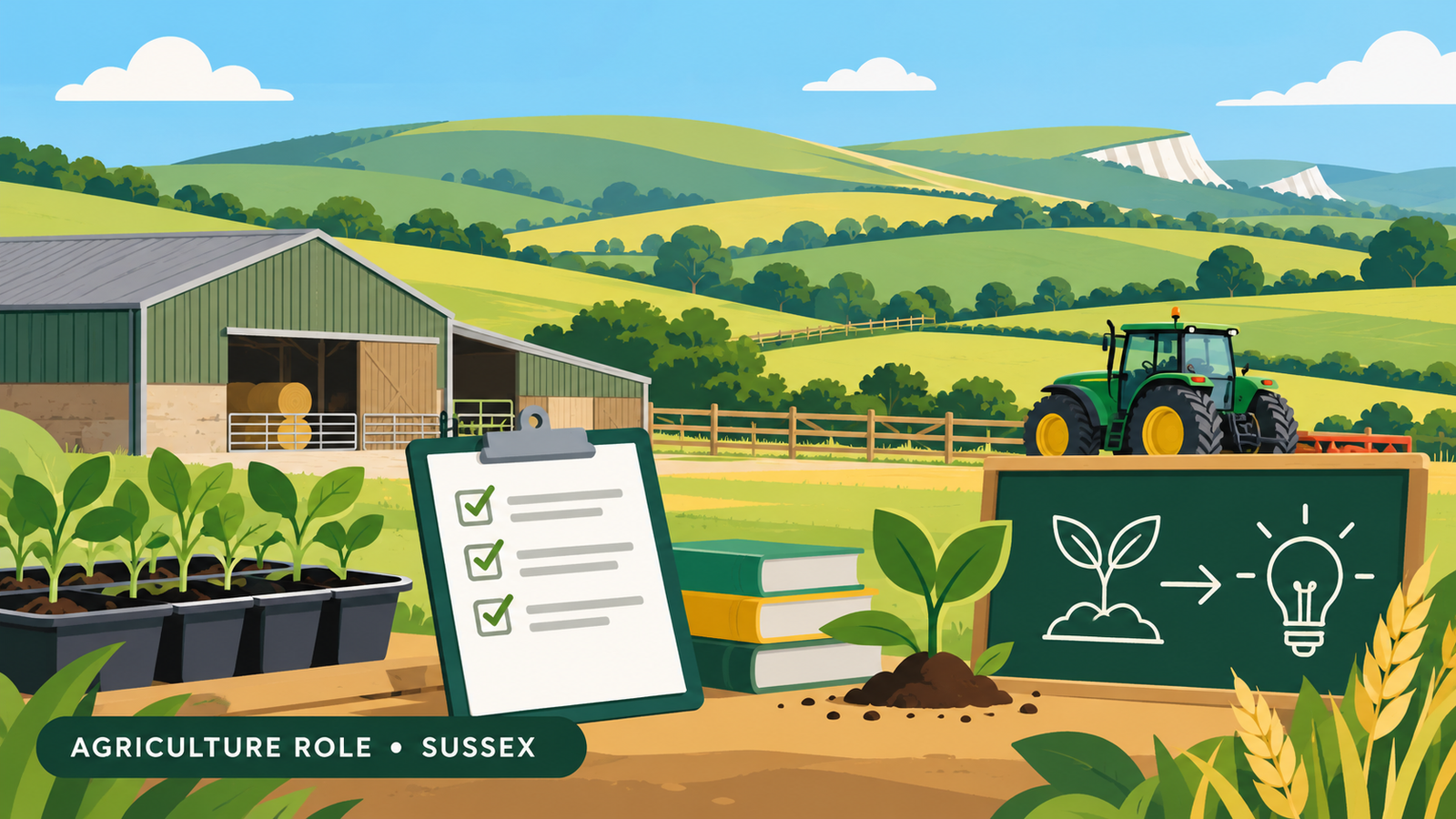 Editorial illustration of Sussex farmland, a tractor, seedlings and teaching materials for the Agriculture Practical Coordinator vacancy