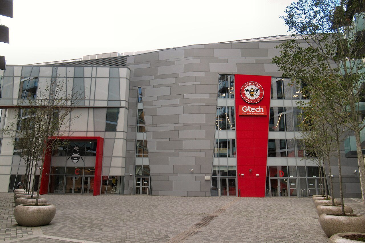 Brentford crest and Gtech Community Stadium name on the stadium exterior; archive photograph, 27 October 2023