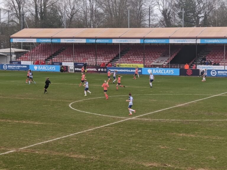 Brighton and Hove Albion Women playing at Broadfield Stadium in an archive match photograph