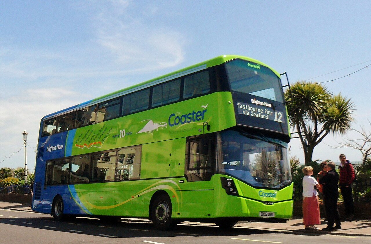 Brighton & Hove Coaster bus displaying route 12 beside Eastbourne pier on 17 May 2015; an archive photograph of the affected service, not Vale Road or the October 2026 works.