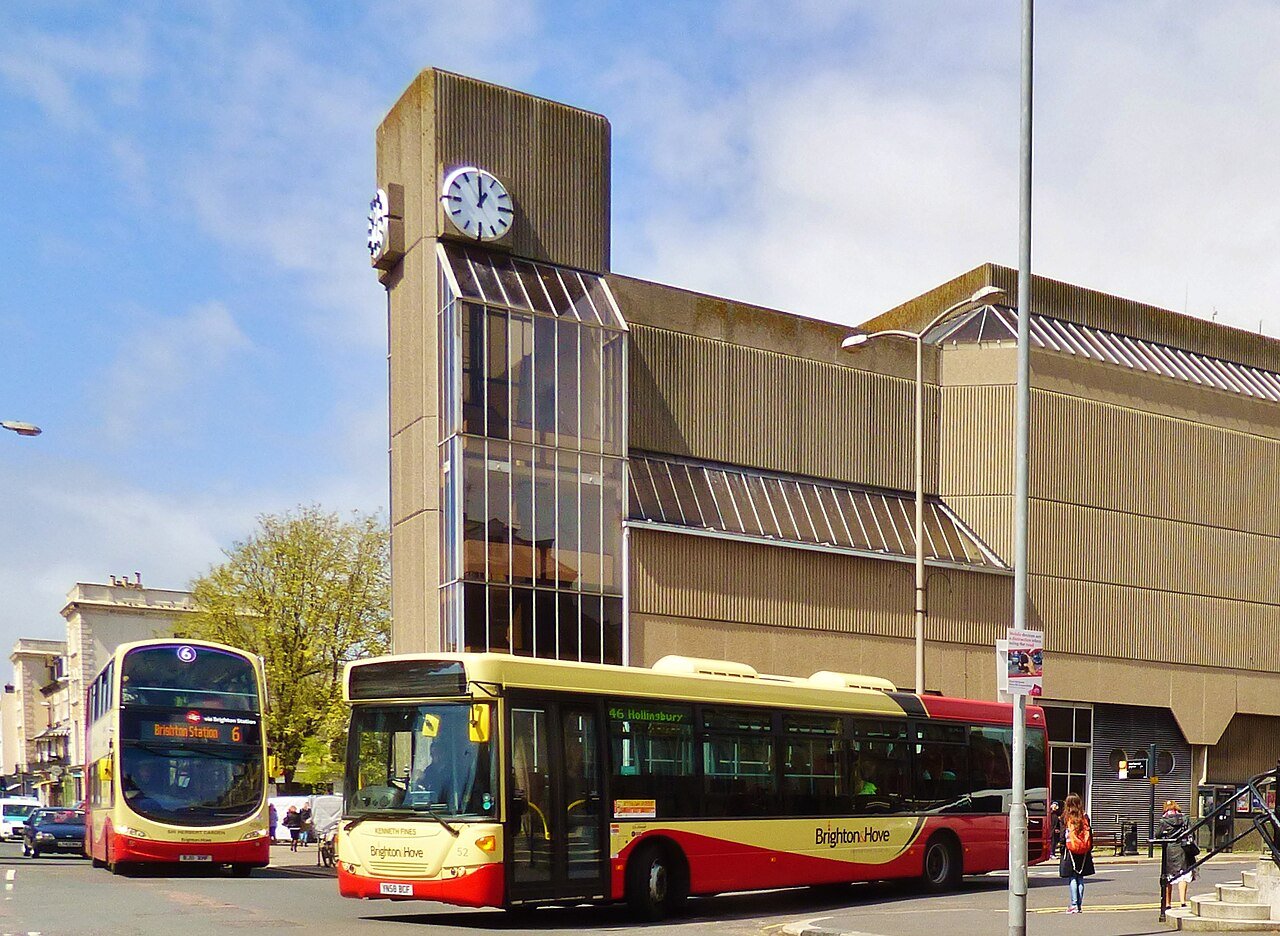 A Brighton & Hove Buses double-decker beside Hove Town Hall on 5 May 2015; archive photograph, not the October 2026 roadworks or Stop B suspension.