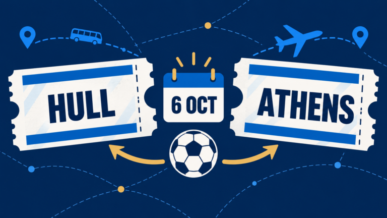 Editorial illustration showing football tickets for Hull and Athens with a 6 October sale date