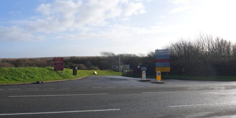 Entrance to Brighton household waste recycling site off Wilson Avenue, Whitehawk, photographed on 14 December 2013; archive view, not current access signage.