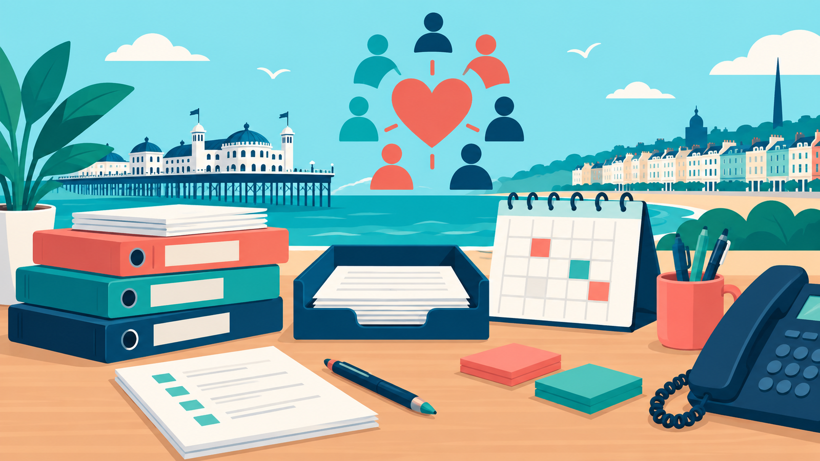 Editorial illustration: community charity administration, diary and paperwork for the Brighton Speak Out vacancy