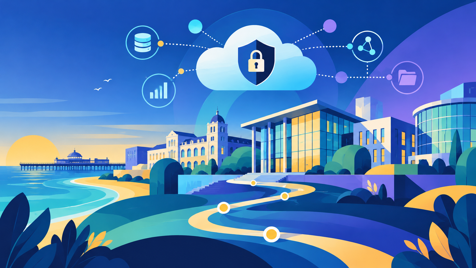 Editorial illustration of secure cloud systems and a Brighton university campus for the Chief Information Officer vacancy