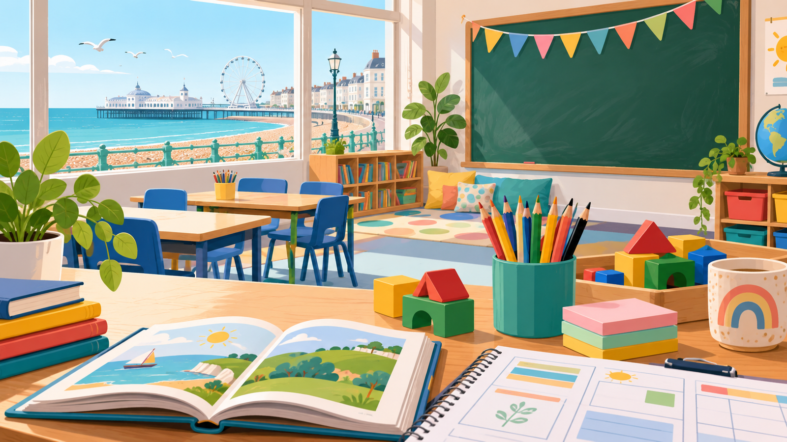 Editorial illustration of a Brighton primary classroom prepared for class teaching