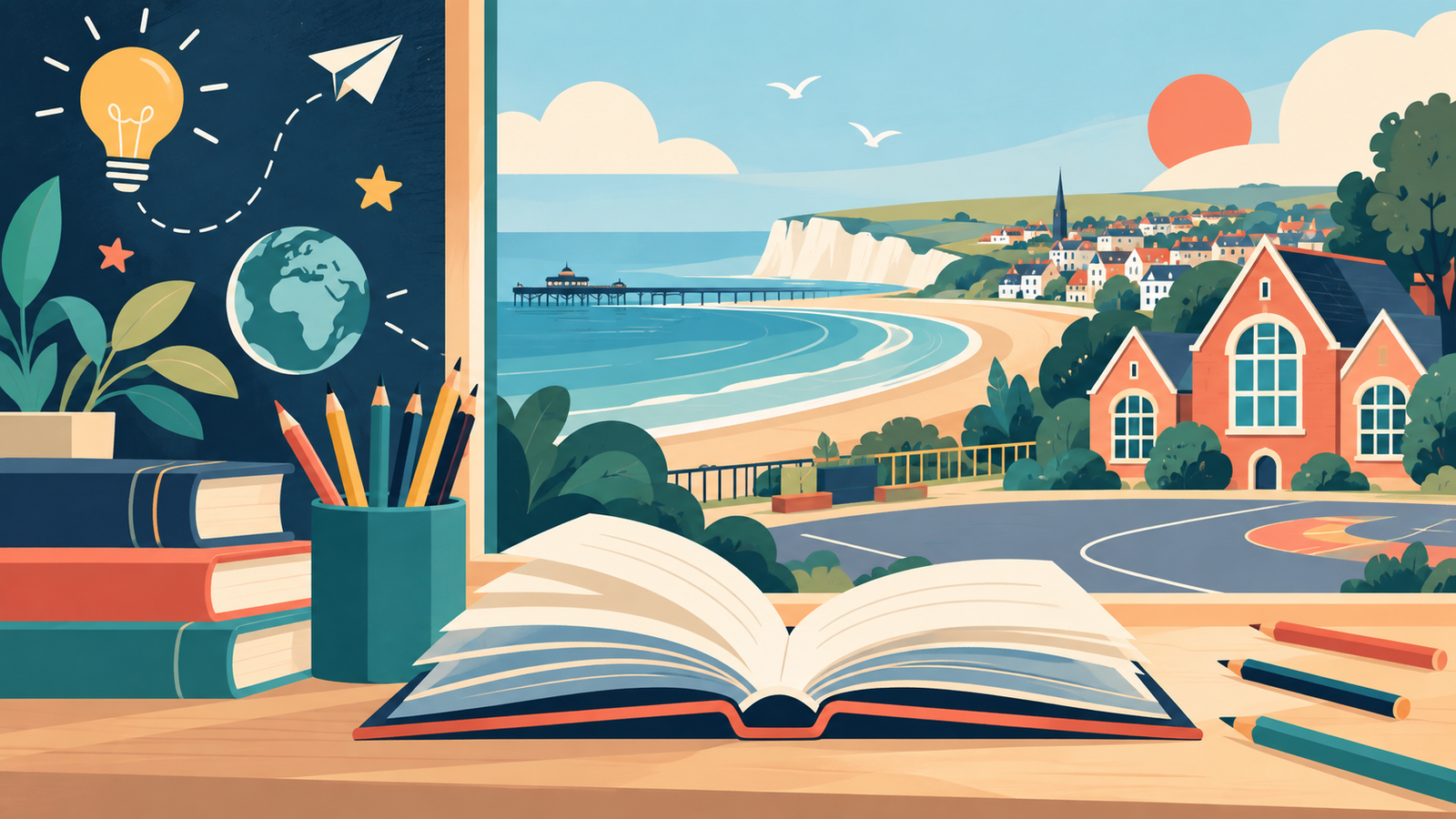 Editorial illustration: books, pencils and a primary school overlooking the Sussex coast, created for the Class Teacher vacancy at Our Lady of Lourdes in Rottingdean.