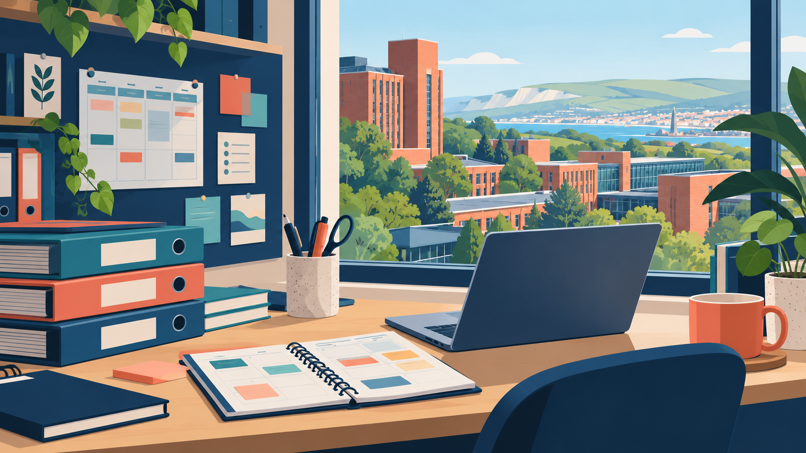 Editorial illustration: organised course administration workspace at a Brighton university campus