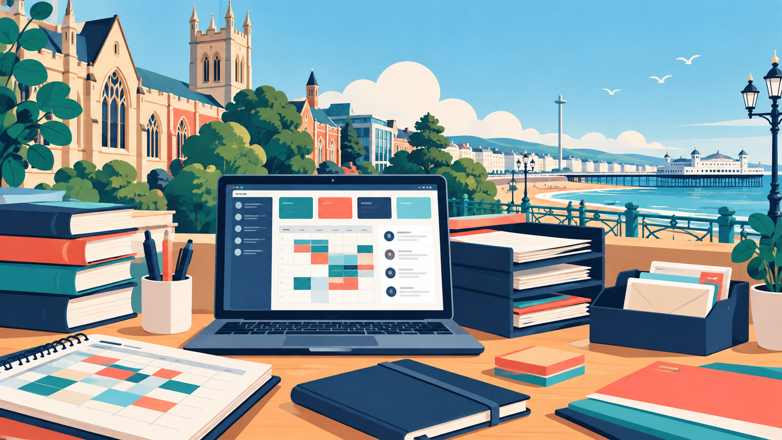 Editorial illustration: university administration workspace with laptop, calendar and Brighton seafront, created for the University of Brighton Course Administrator vacancy.