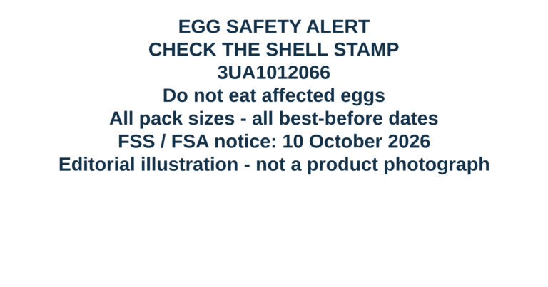 Editorial illustration: egg safety alert for shell stamp 3UA1012066, do not eat affected eggs, all pack sizes and best-before dates, FSS and FSA notice of 10 October 2026