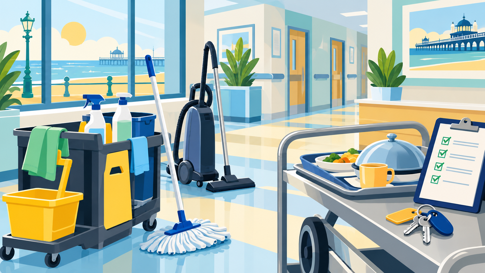 Editorial illustration: cleaning equipment and meal-service support for a facilities role at Mill View Hospital in Hove