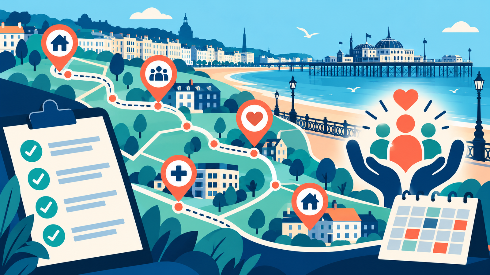Editorial illustration of community support routes and supervision across Brighton & Hove.