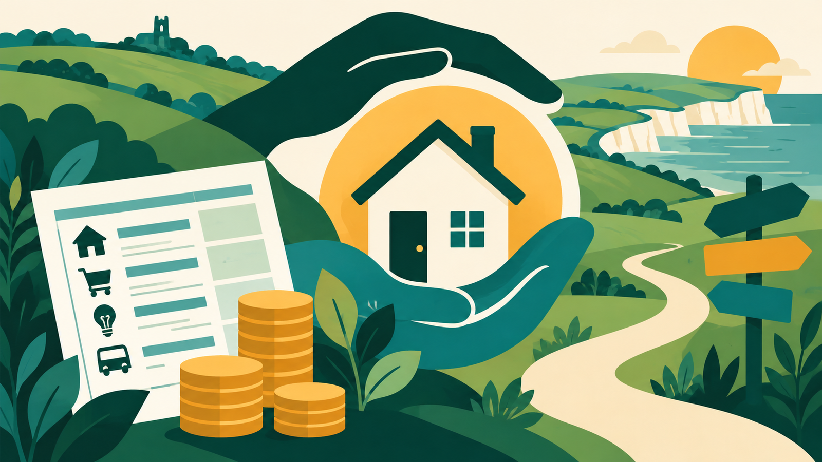Editorial illustration of financial advice, secure housing and the Sussex coast for the Financial Wellbeing Adviser vacancy