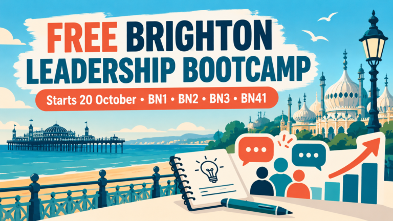 Editorial illustration for the free Brighton leadership bootcamp showing Brighton Palace Pier, the Royal Pavilion and management training icons