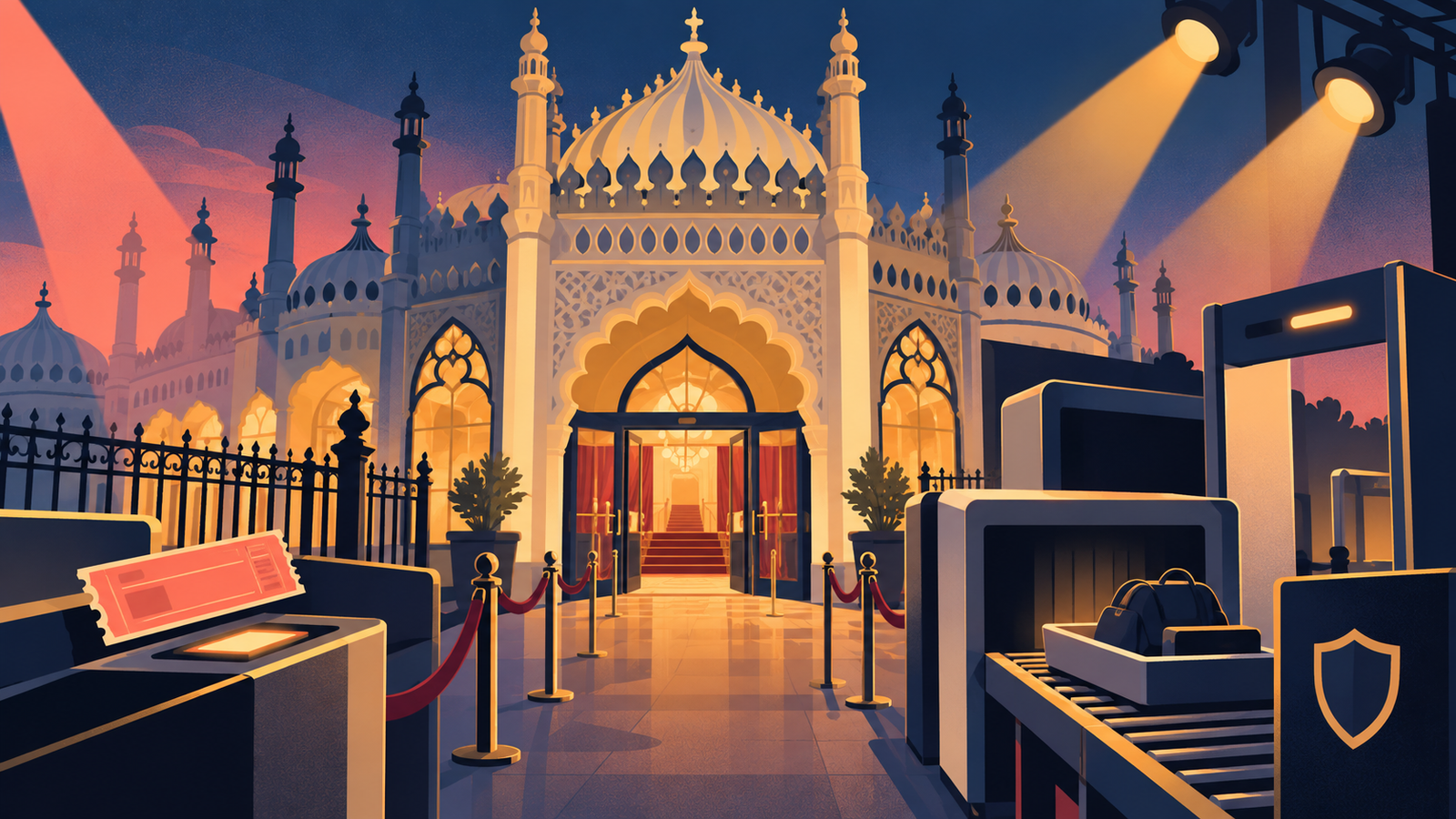Editorial illustration of front-of-house security screening at Brighton Dome