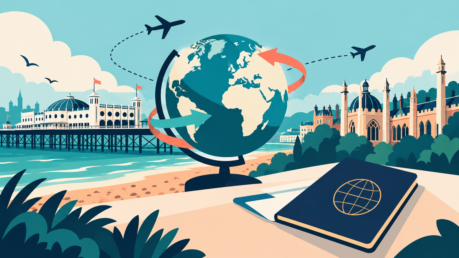 Editorial illustration of global travel, exchange arrows and Brighton landmarks for the Global Mobility Manager vacancy