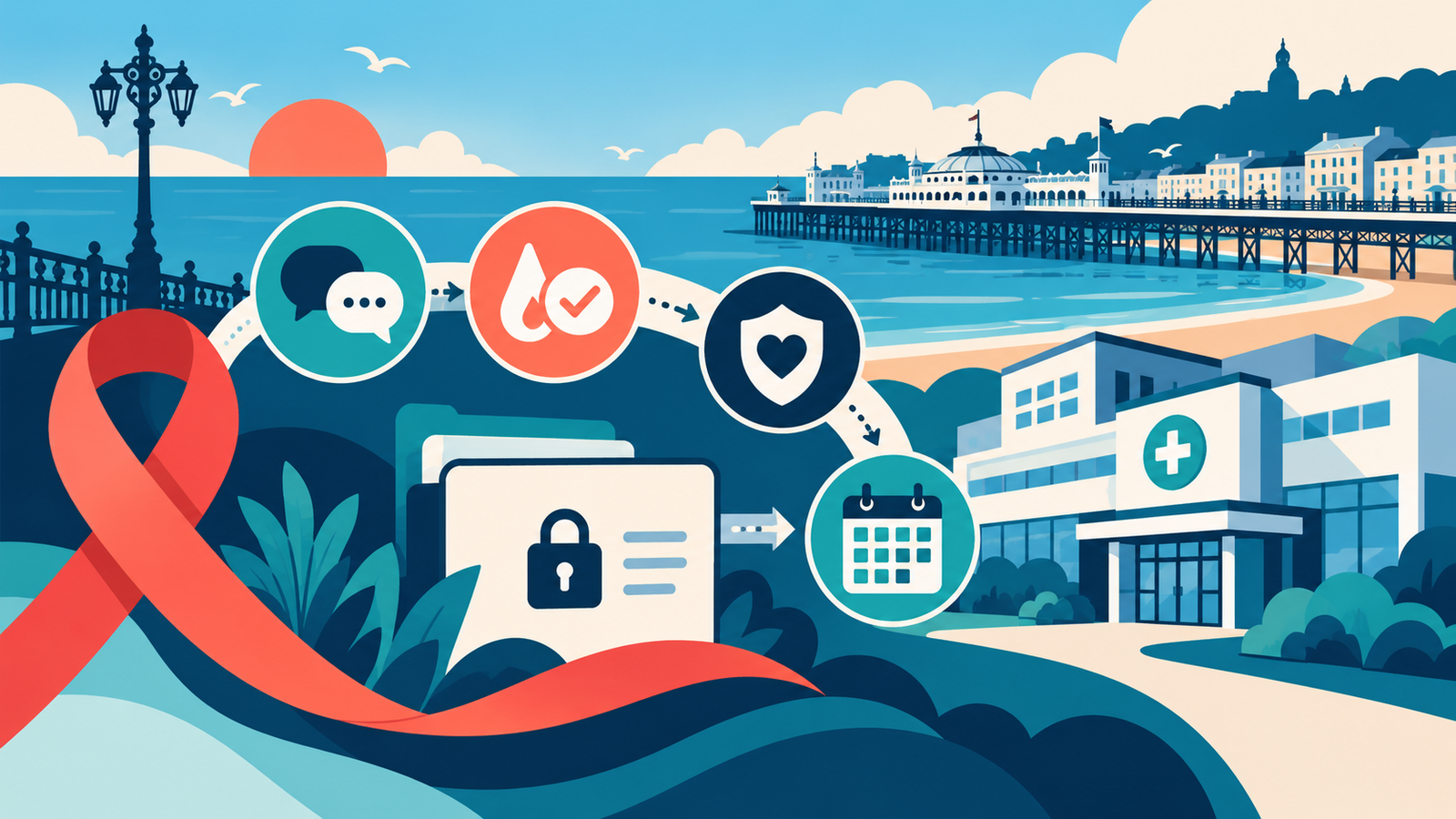 Editorial illustration of a confidential HIV and sexual health care pathway in Brighton.