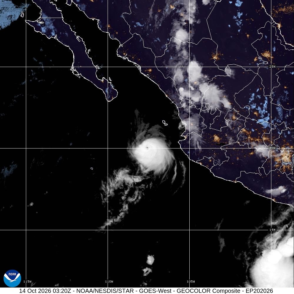 GOES-18 GeoColor satellite image of Hurricane Simon off west-central Mexico at 03:20 UTC on 14 October 2026; a multispectral nighttime product, not a ground-level photograph.