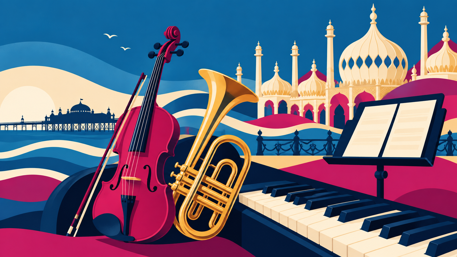 Editorial illustration of musical instruments with Brighton landmarks for the Create Music Instrumental Teacher vacancy