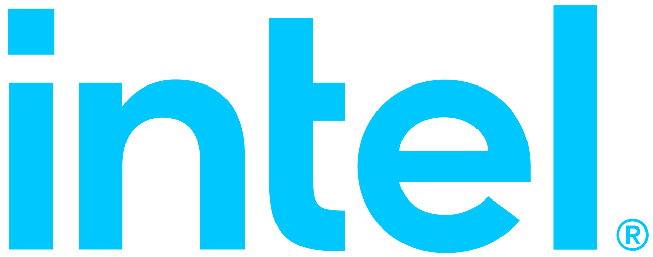 Intel light-blue wordmark identifying the company; not a photograph of the SAP warehouse robot demonstration.