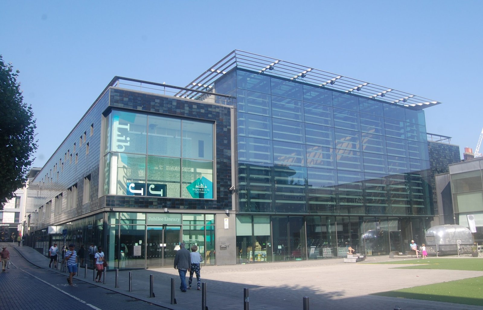 Jubilee Library and Jubilee Square in Brighton, photographed from the south-west on 26 August 2019; an archive exterior photograph.