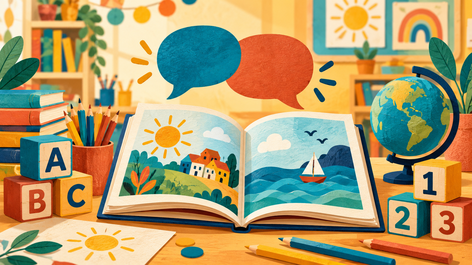 Editorial illustration of bilingual primary learning materials for the KS1 Class Teacher vacancy in Hove.