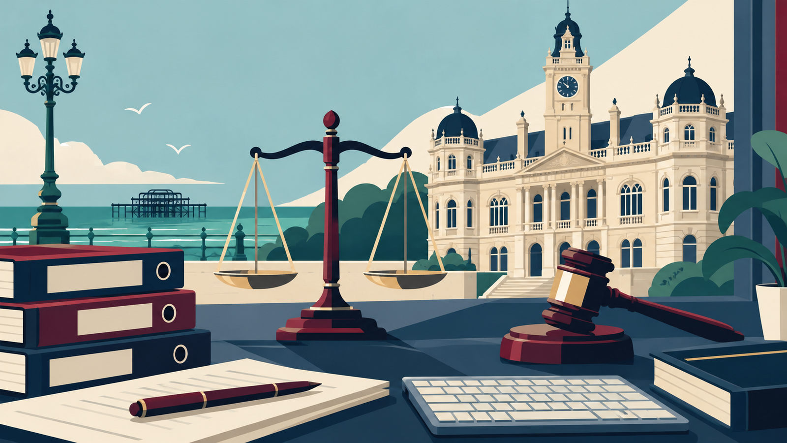 Editorial illustration of legal files, scales and civic architecture for the Legal Support Officer vacancy in Hove