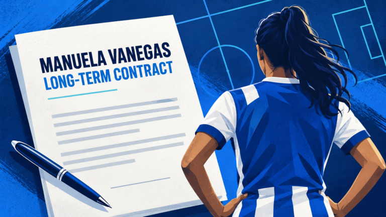 Editorial illustration of Manuela Vanegas’s long-term Brighton contract, with a defender silhouette and contract document