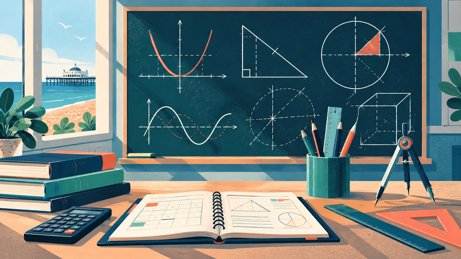 Editorial illustration of mathematics teaching materials for the Cardinal Newman School vacancy in Hove.