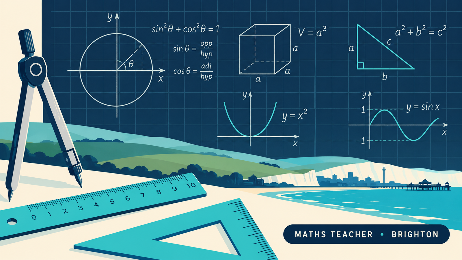Editorial illustration of geometry tools, equations and the Brighton coastline for the Patcham High School Maths teacher vacancy