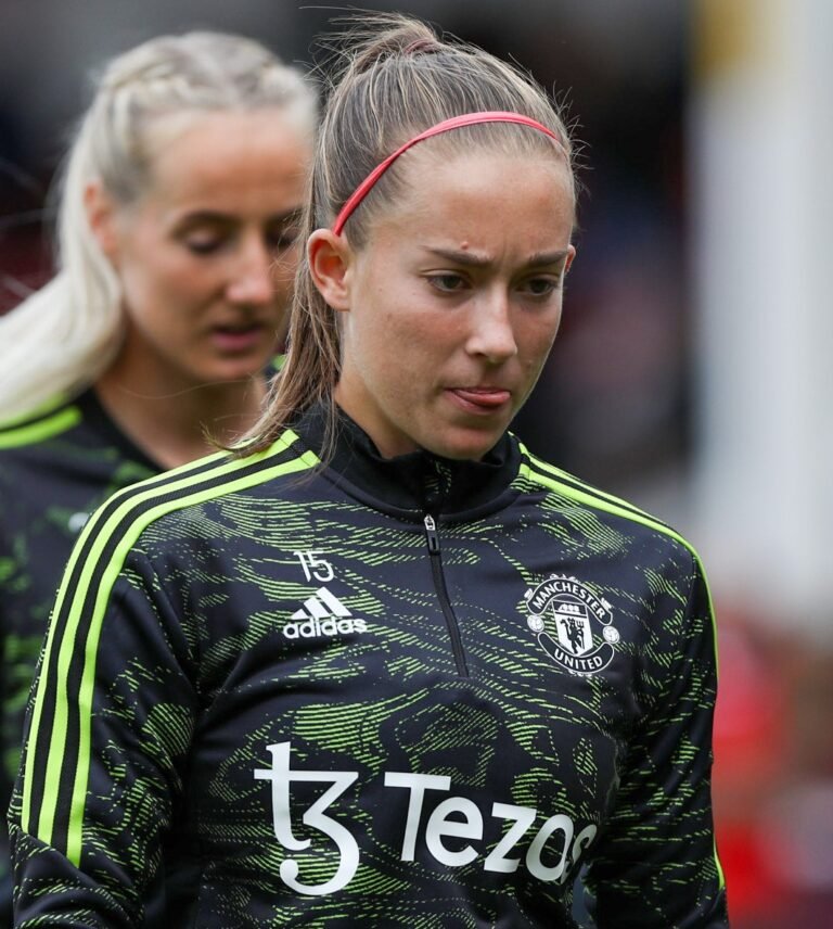Archive photograph of Maya Le Tissier warming up for Manchester United Women in 2022