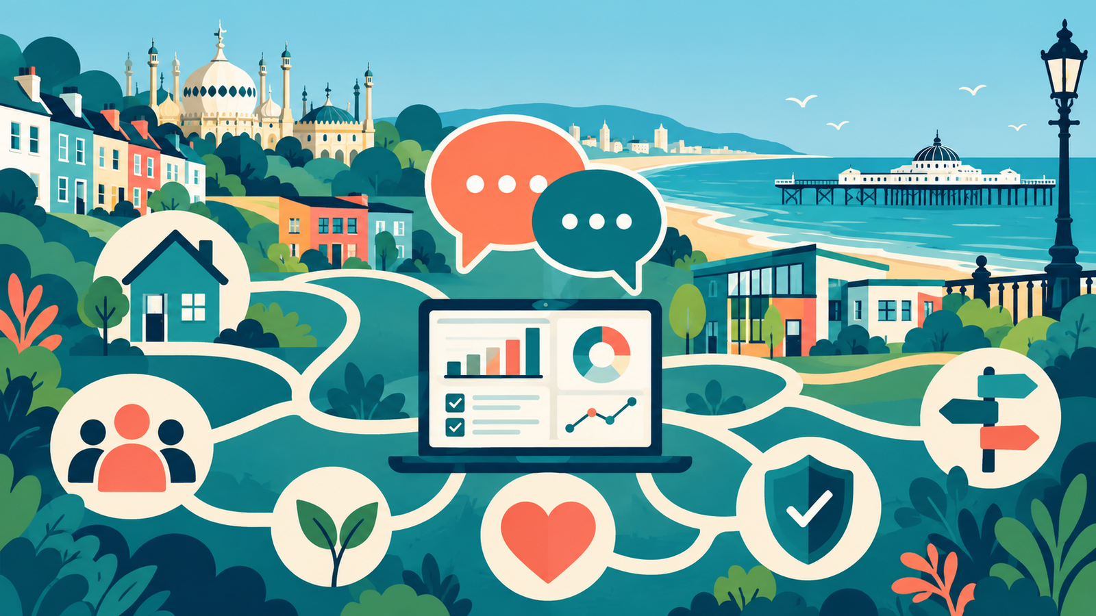 Editorial illustration: community mental health advocacy pathways and service management in Brighton