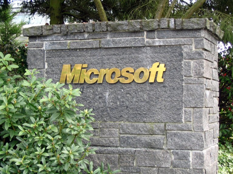 Archive photograph of a Microsoft entrance sign at its Redmond campus, Washington, taken April 2005.