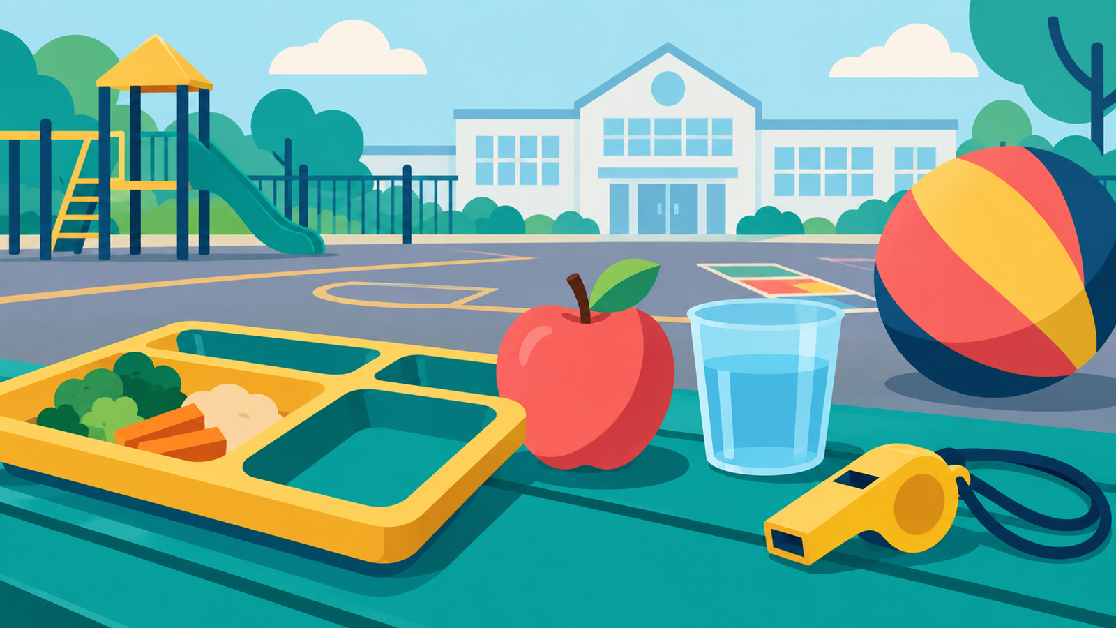 Editorial illustration of a school lunch tray, playground ball and whistle for the Hill Park Midday Supervisory Assistant vacancy in Portslade