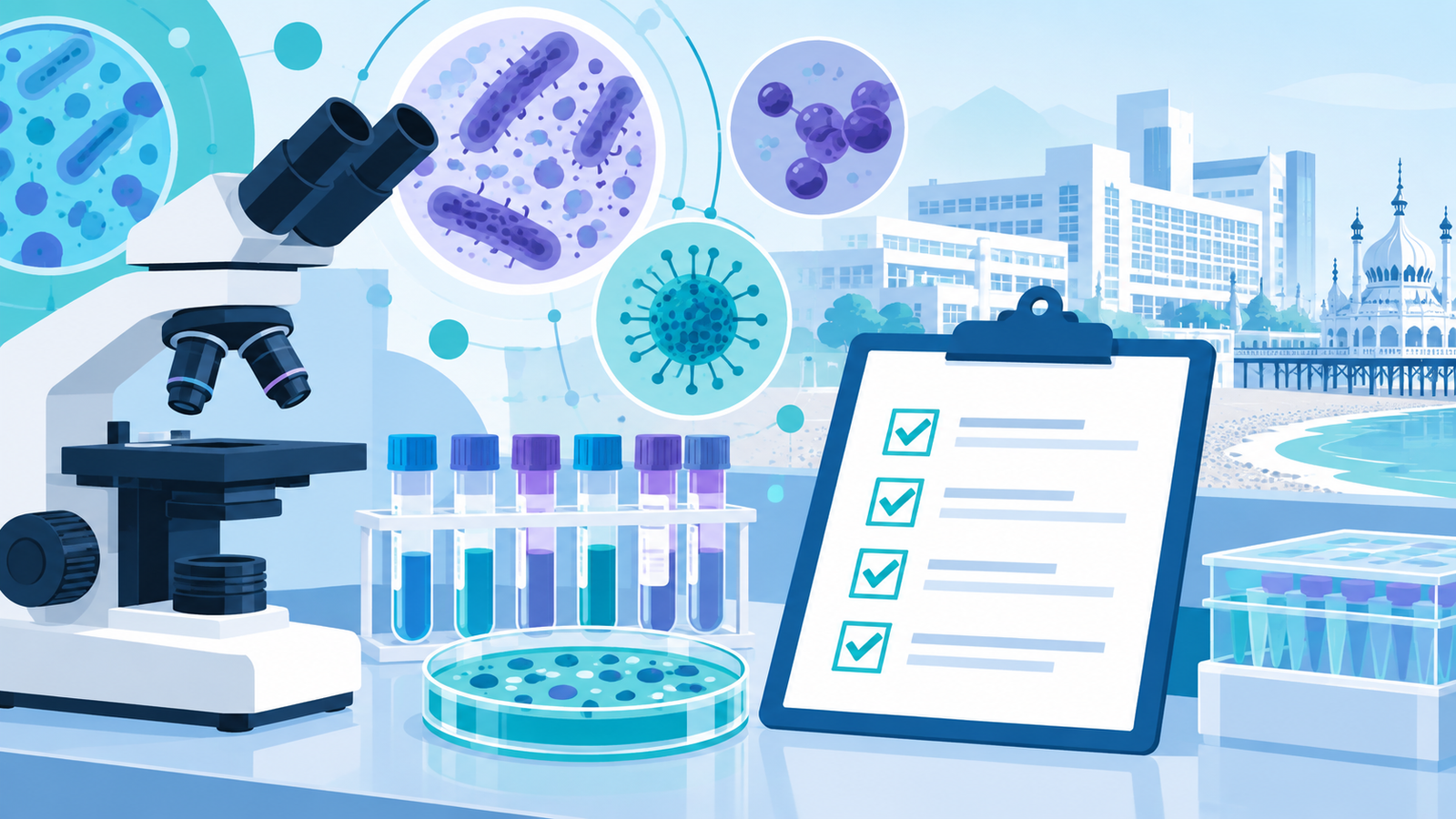 Editorial illustration of microscopy and cell samples for the Molecular Cell Biology research fellowship at Sussex