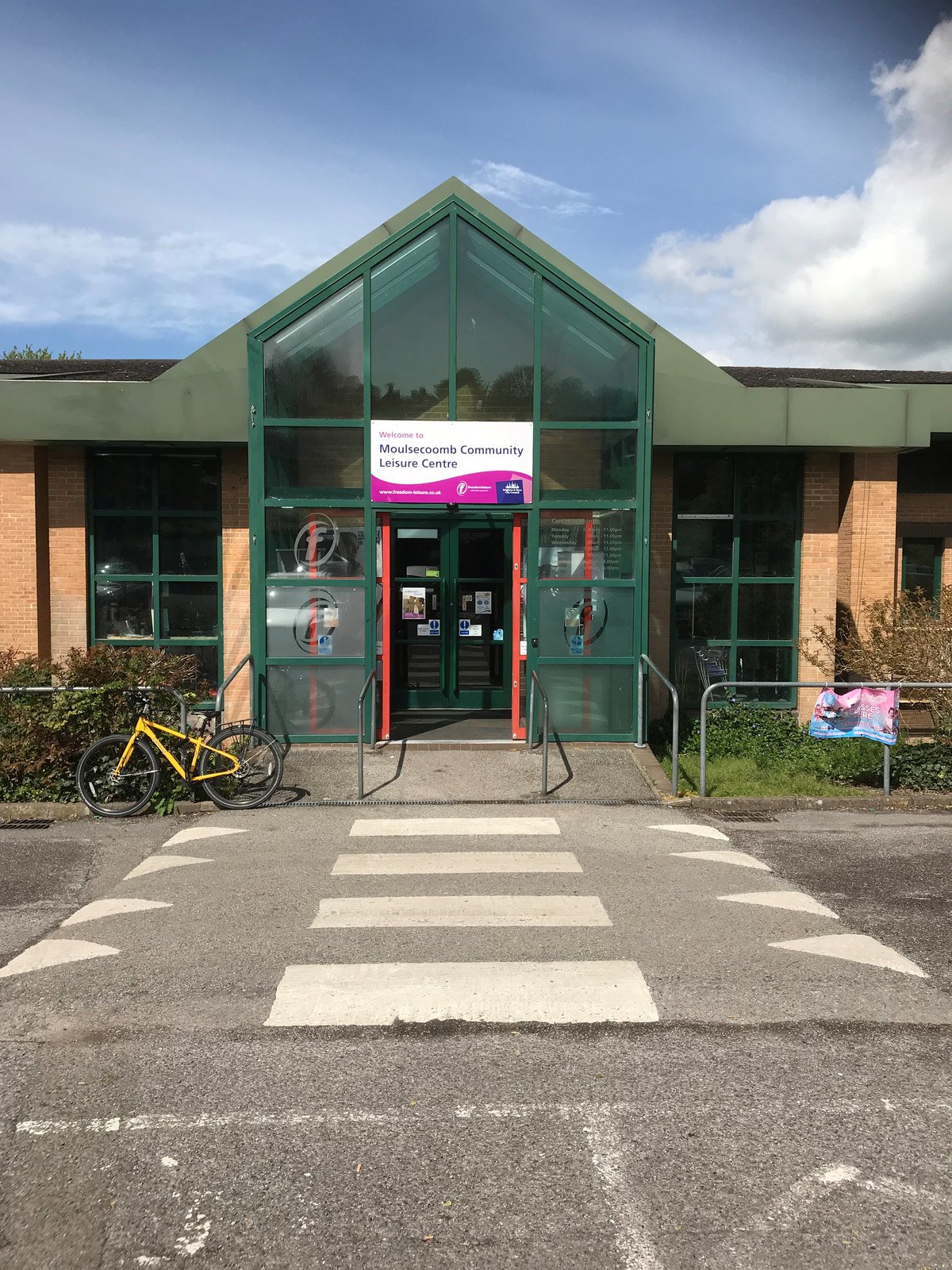 Moulsecoomb Community Leisure Centre entrance, the venue for the Broadfields consultation; archive photograph, 3 May 2018