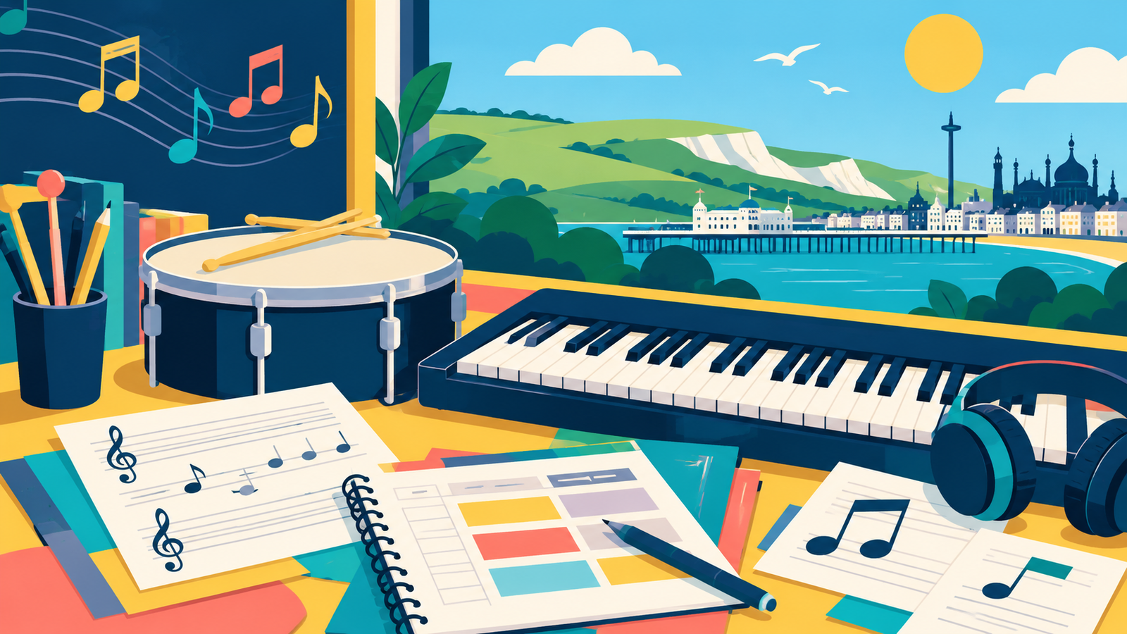 Editorial illustration of music teaching with a keyboard, drum and lesson planning in Brighton.