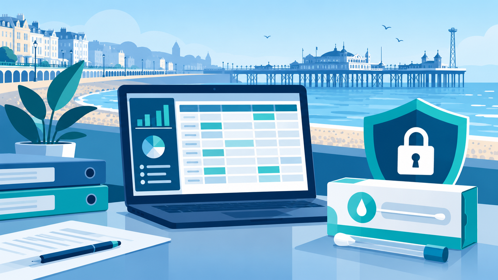 Editorial illustration of secure healthcare data administration and a home-sampling test kit with Brighton seafront behind