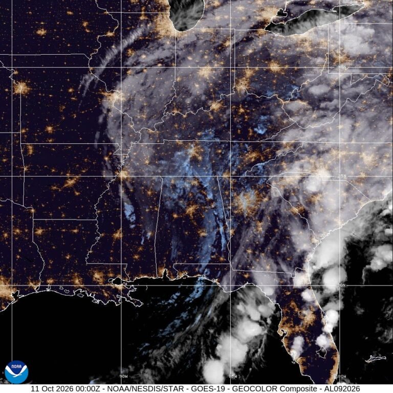 NOAA GOES East GeoColor satellite image of post-tropical Cyclone Isaias over the south-eastern United States at 00:00 UTC on 11 October 2026
