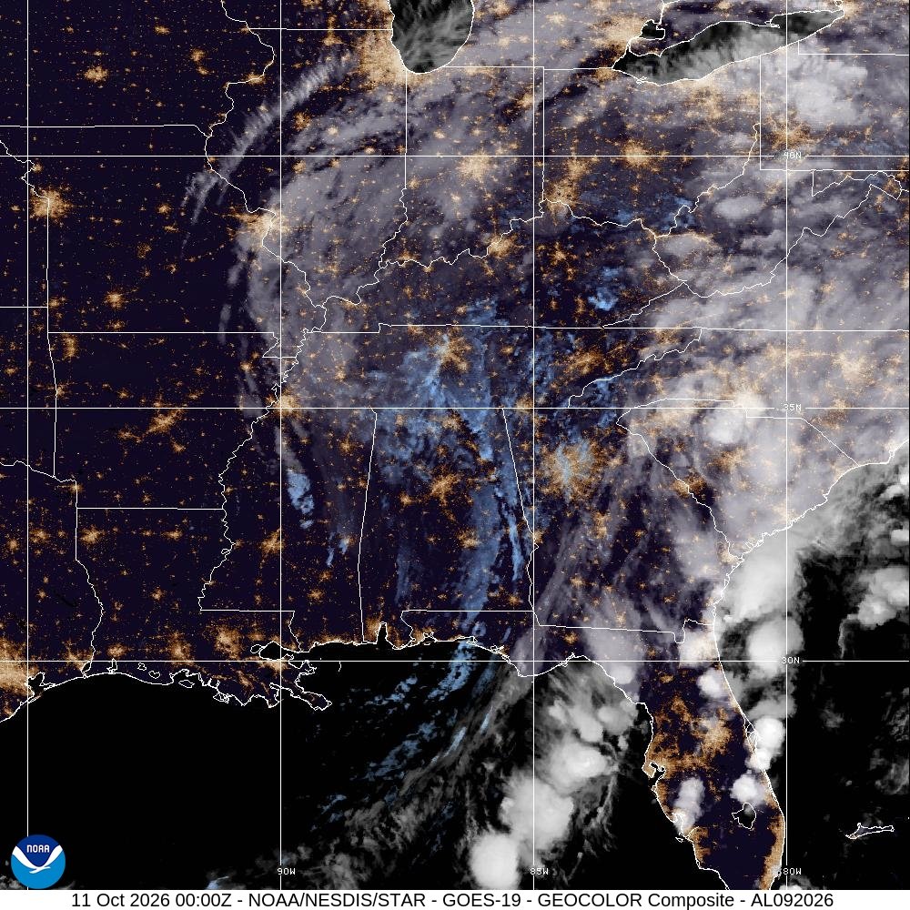 NOAA GOES East GeoColor satellite image of post-tropical Cyclone Isaias over the south-eastern United States at 00:00 UTC on 11 October 2026