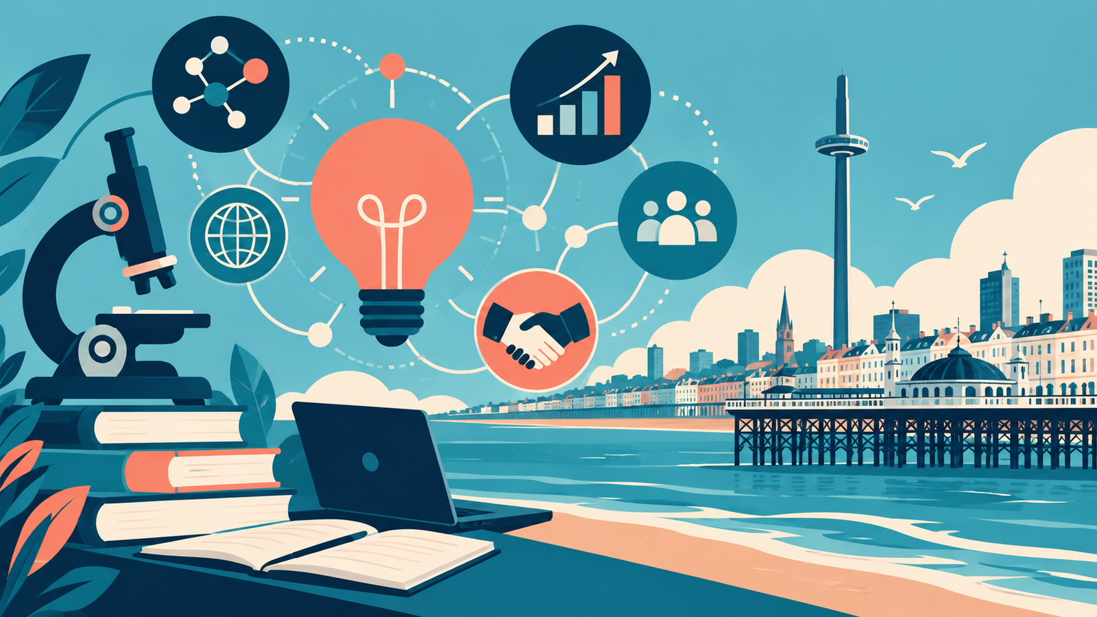 Editorial illustration: research, partnership and innovation symbols beside the Brighton seafront, created for the University of Brighton director vacancy.
