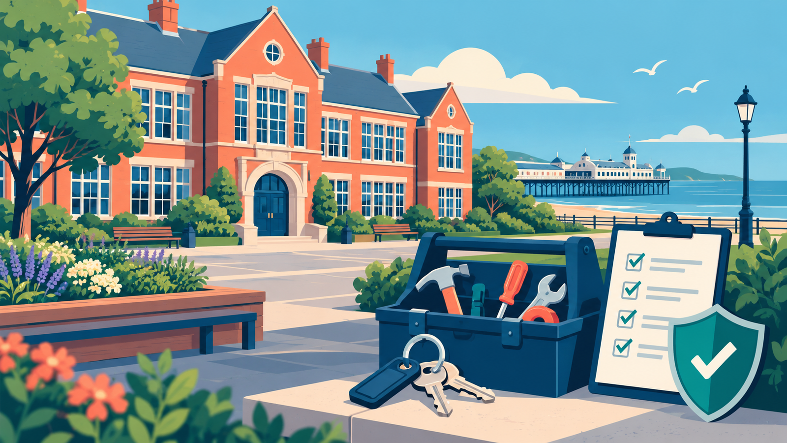 Editorial illustration: maintenance tools, keys and safety checklist outside a Brighton school, created for the St Marks CE Primary School caretaker vacancy.