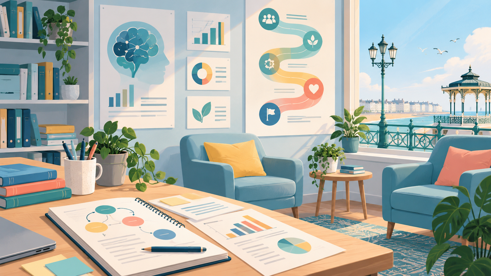 Editorial illustration: psychology assessment, research and supportive care pathway in Hove