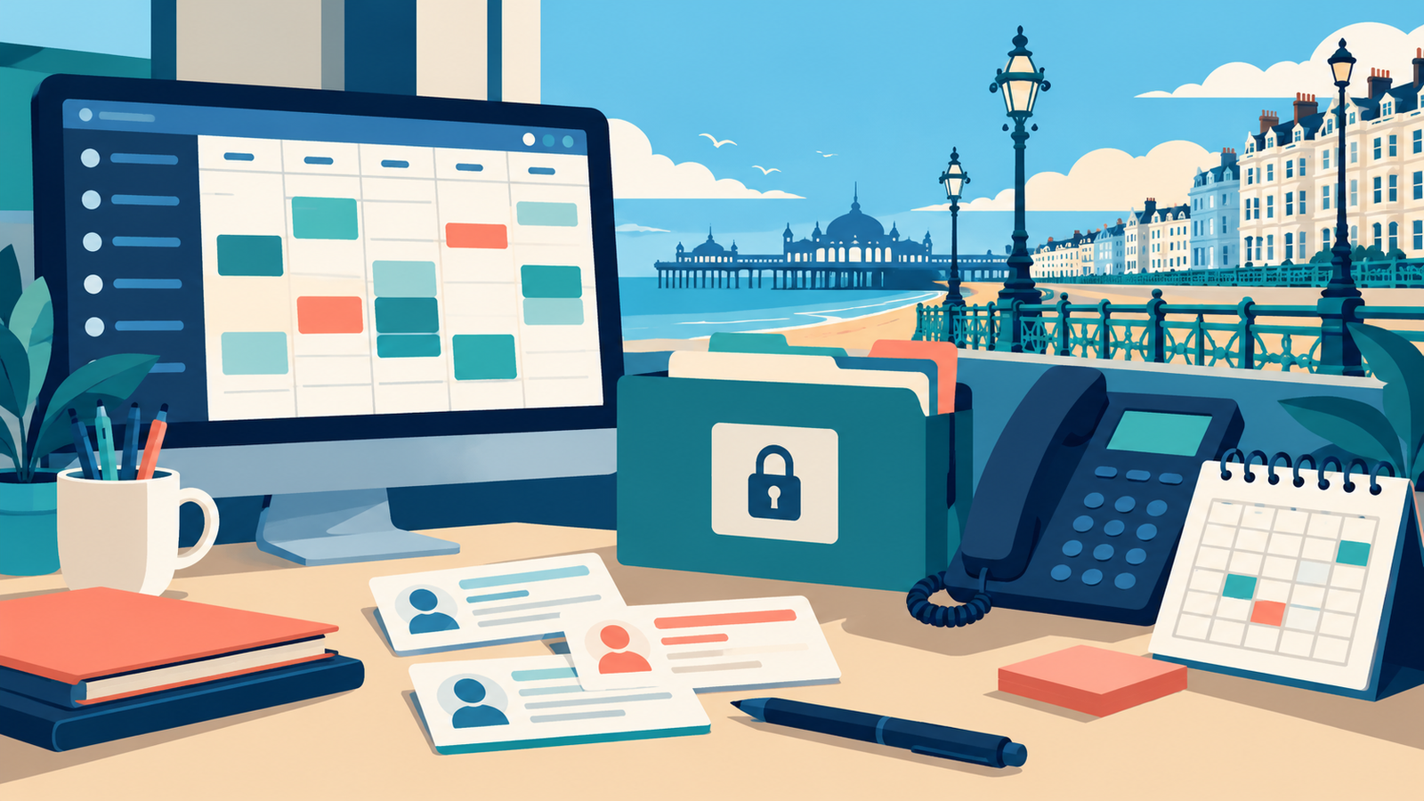 Editorial illustration of healthcare service administration and appointment scheduling in Hove.