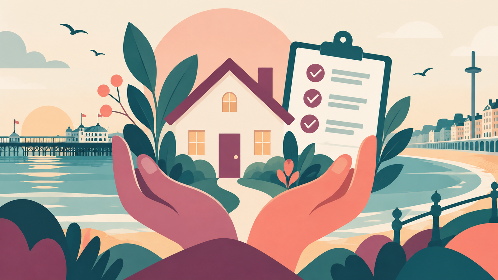 Editorial illustration of a safe home, protective hands and Brighton landmarks for the women’s refuge Service Manager vacancy