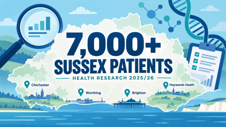 Editorial illustration showing 7,000-plus Sussex patients in health research in 2025/26, with Brighton, Haywards Heath, Worthing and Chichester marked