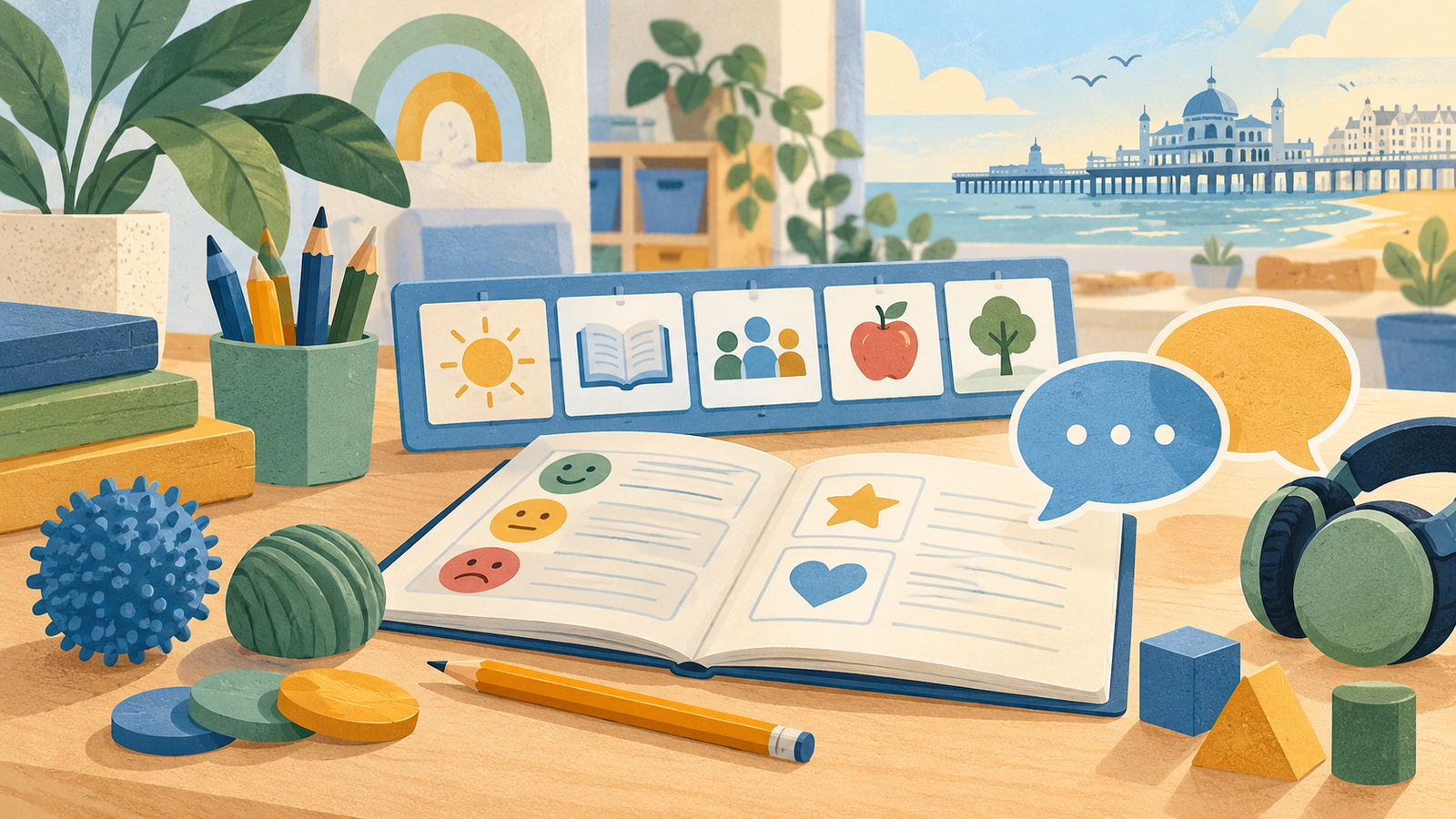 Editorial illustration of inclusive primary learning-support materials for the Carden School Teaching Assistant vacancy in Brighton.