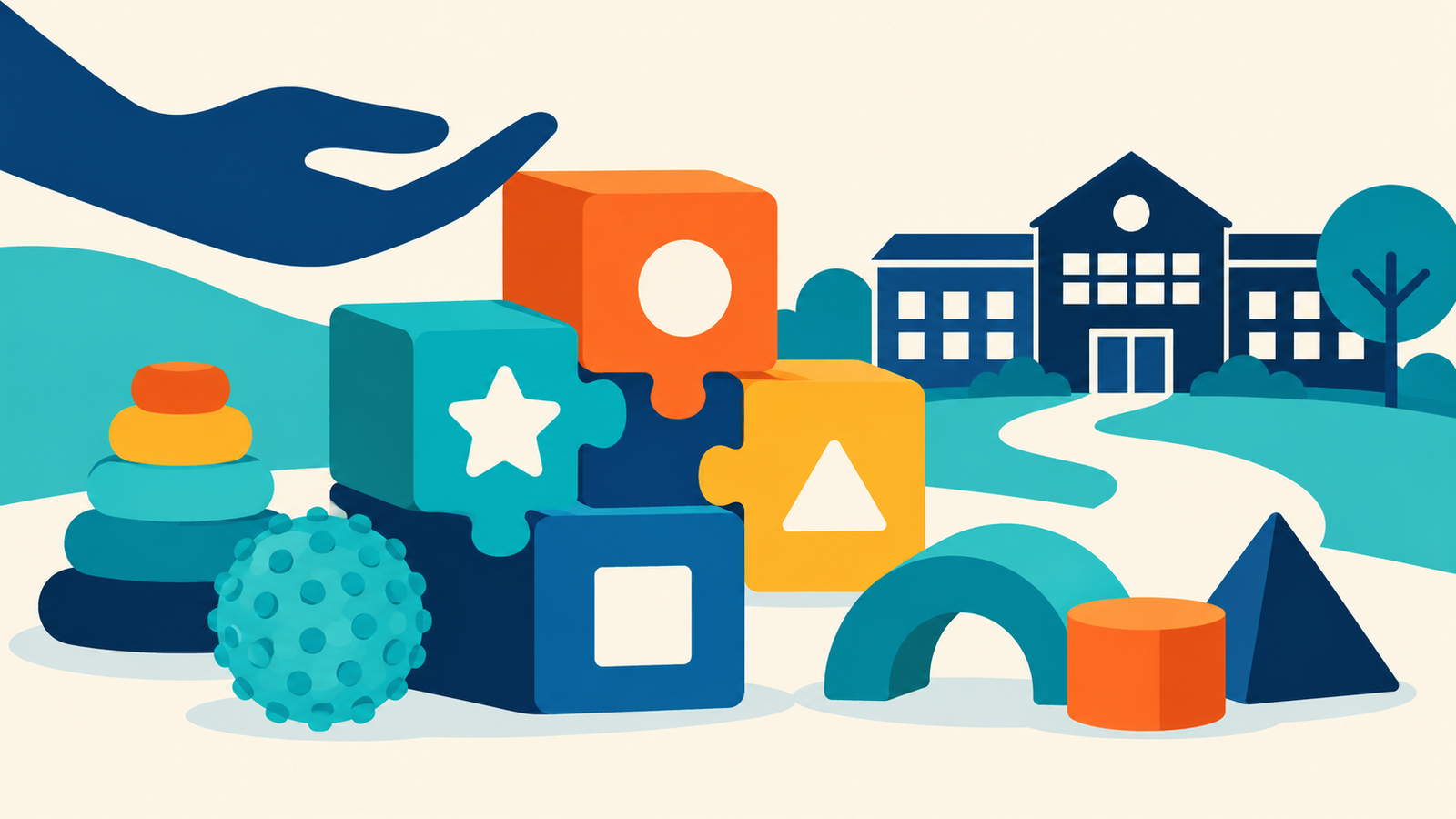 Editorial illustration of sensory learning blocks and a school for the Hill Park Teaching Assistant vacancy in Portslade